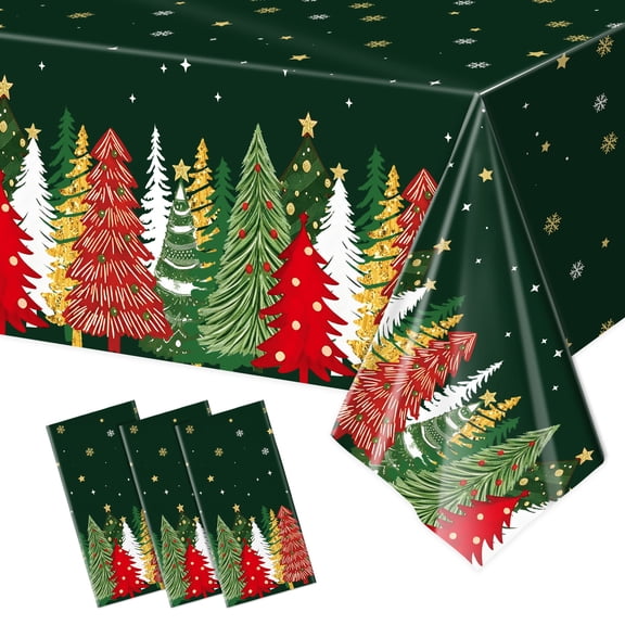 Wowhub 3 Pack Christmas Tree Disposable Tablecloths, Dark Green Plastic Rectangle Xmas Table Cover with Gold Star Snowflake Print, Holiday Table Decor for Christmas Party Family Dinner