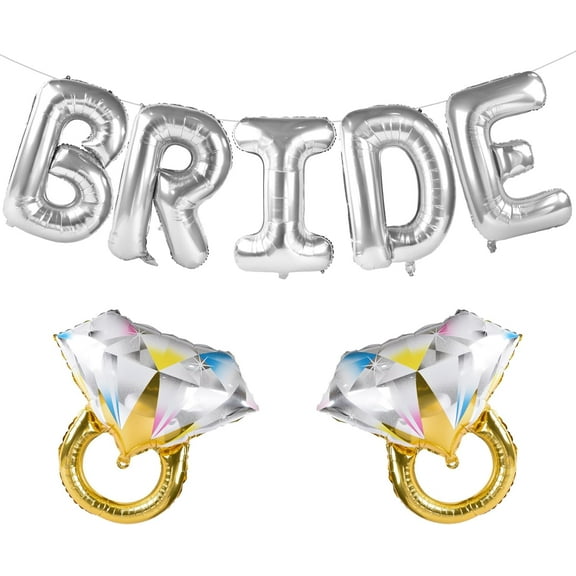 Wowhub Large Bride Balloons Silver with 2 Ring Balloons for Bridal Shower Bachelorette Engagement Party Decorations, Silver