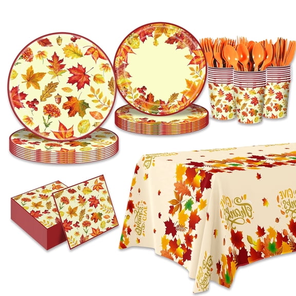 Wowhub Maple Leaf Thanksgiving Tableware Set Serves 24, Disposable Thanksgiving Plates and Napkins Kit with Matching Tablecloth, Fall Friendsgiving Party Decorations