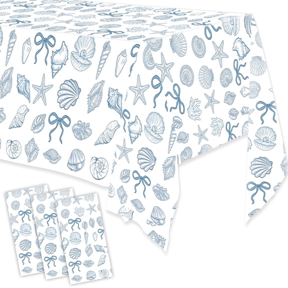 Wowhub 3 Pack Blue Bow Seashell Tablecloth, 54 x 108 Inch Disposable Plastic Beach Ocean Table Covers for Summer Pool Party and Beach Themed Birthday Decorations