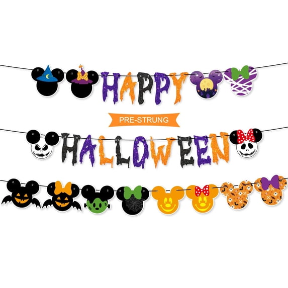 Wowhub Pre-Strung Glitter Happy Halloween Banner for Mouse Halloween Decorations -No DIY Required, Cartoon Mouse Themed Backdrop Supplies