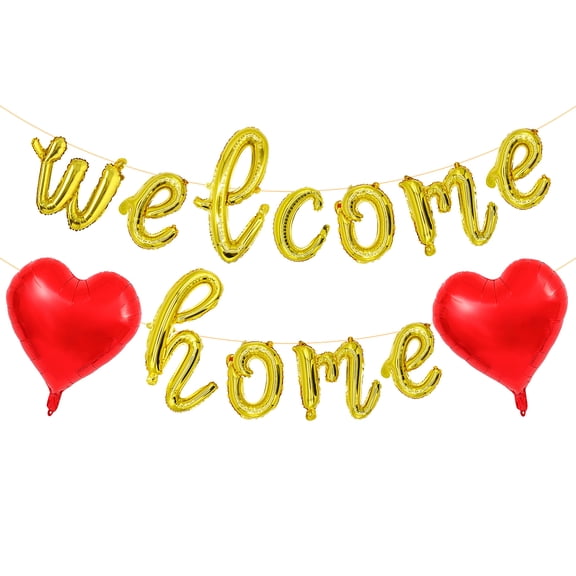 Wowhub Welcome Home Balloons Banner, Golden Script Foil Letter Balloons with Red Hearts, Pre-Assembled Housewarming Decorations for Family Homecoming, Loved Ones Return and Welcome Back Party Decor