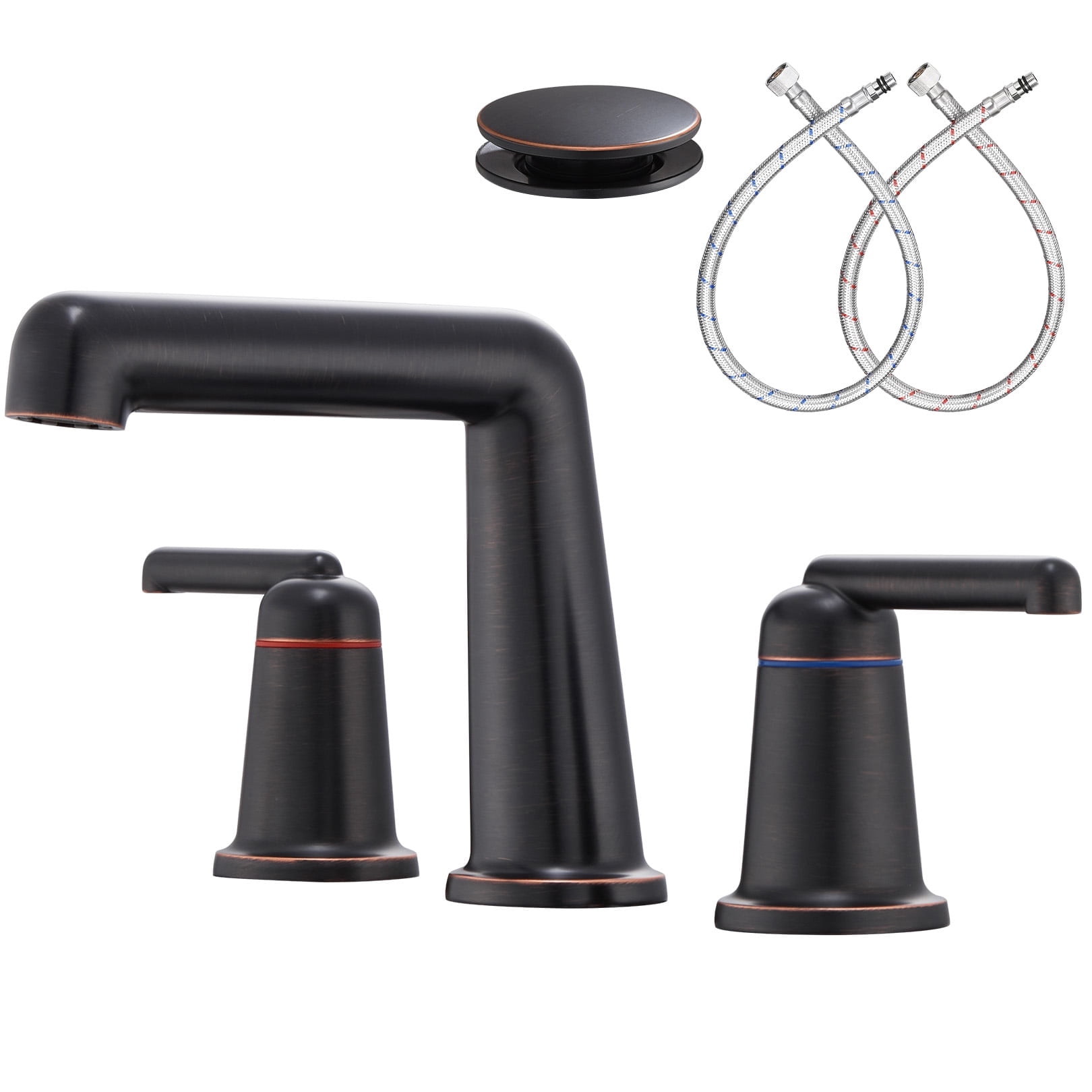 Wowkk 3 Hole Bathroom Faucet 2 Handle Widespread Bathroom Sink Faucet with Pop up Drain and Supply Lines, Brass Vanity Faucet for Rv Farmhouse Lavatory Restroom Sink, Oil Rubbed Bronze