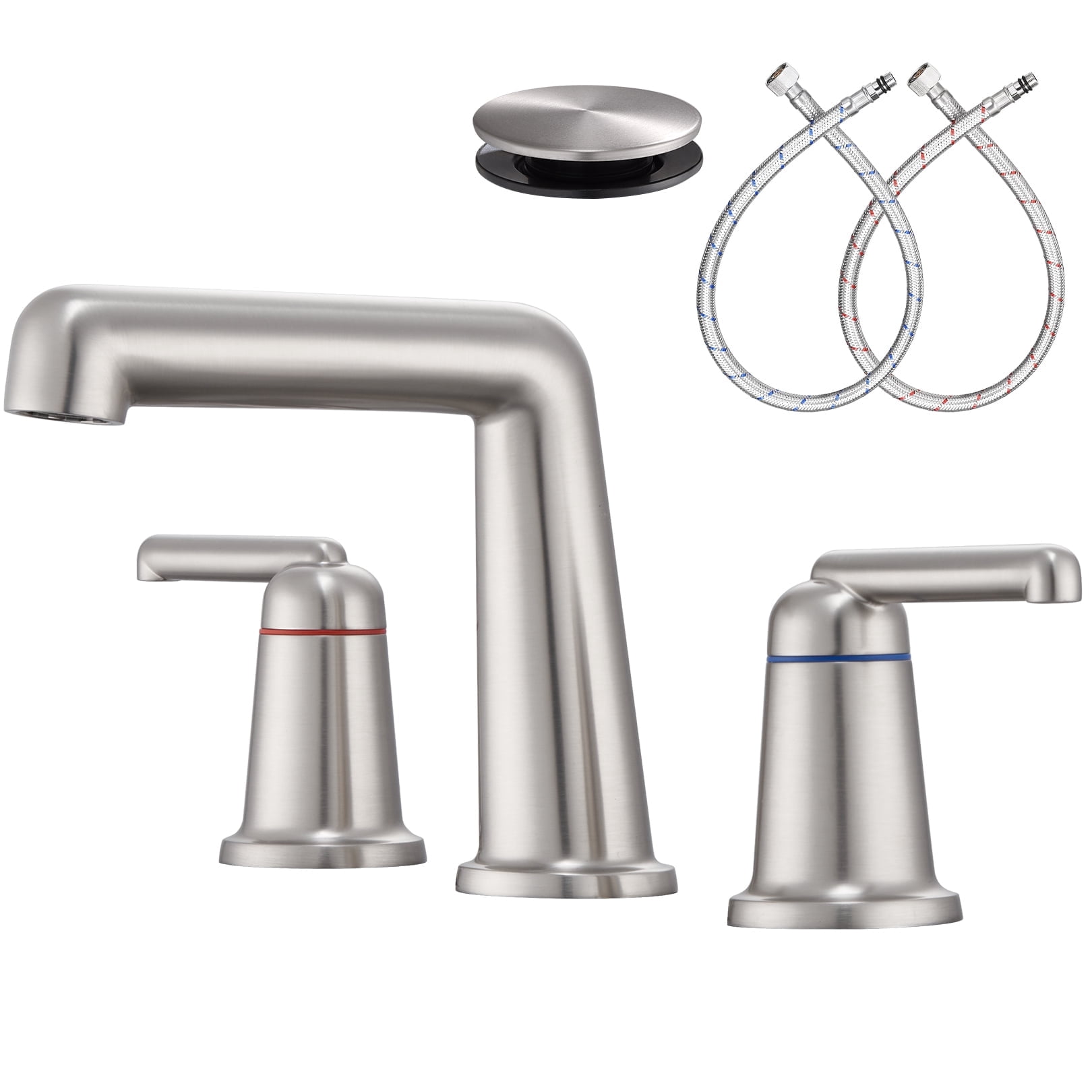 Wowkk 3 Hole Bathroom Faucet 2 Handle Widespread Bathroom Sink Faucet with Pop up Drain and Supply Lines, Brass Vanity Faucet for Rv Farmhouse Lavatory Restroom Sink, Brushed Nickel