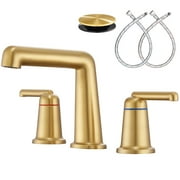 Wowkk 3 Hole Bathroom Faucet 2 Handle Widespread Bathroom Sink Faucet with Pop up Drain and Supply Lines, Brass Vanity Faucet for Rv Farmhouse Lavatory Restroom Sink, Brushed Gold