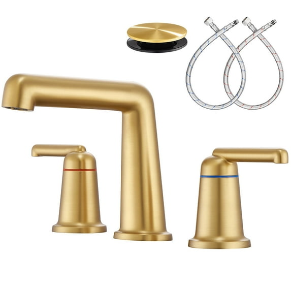 Wowkk 3 Hole Bathroom Faucet 2 Handle Widespread Bathroom Sink Faucet with Pop up Drain and Supply Lines, Brass Vanity Faucet for Rv Farmhouse Lavatory Restroom Sink, Brushed Gold