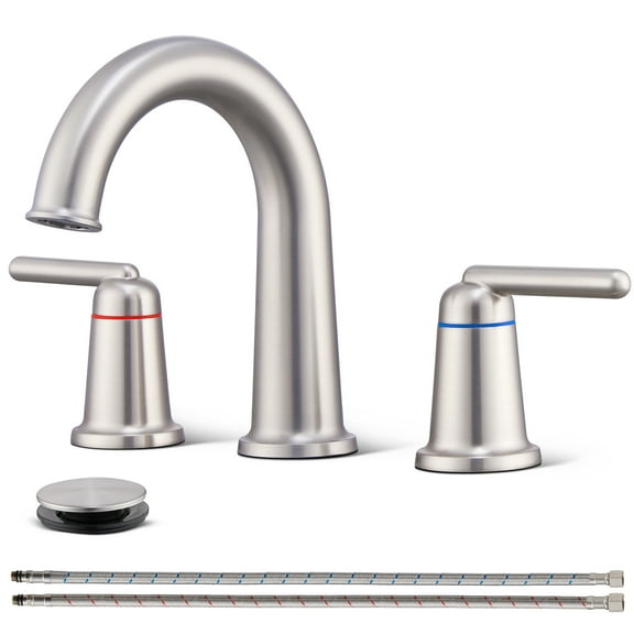 Wowkk Sanitary Ware Brass Bathroom Sink Faucet 2 Handles Widespread Bathroom Faucet 3 Hole, Pop-Up Drain and cUPC Supply Lines Included, Basin Faucets for Vanity Rv Restroom, Brushed Nickel
