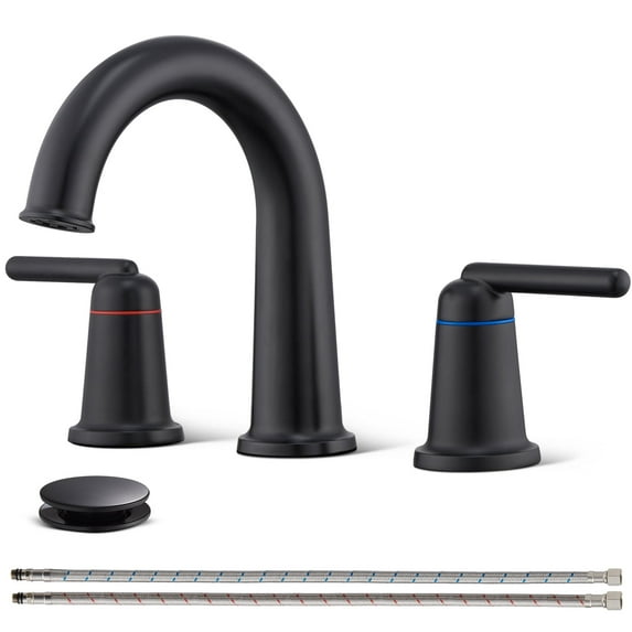 Wowkk Sanitary Ware Brass Bathroom Sink Faucet 2 Handles Widespread Bathroom Faucet 3 Hole, Pop-Up Drain and cUPC Supply Lines Included, Basin Faucets for Vanity Rv Restroom, Matte Black