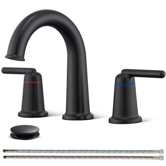 Wowkk Sanitary Ware Brass Bathroom Sink Faucet 2 Handles Widespread Bathroom Faucet 3 Hole, Pop-Up Drain and cUPC Supply Lines Included, Basin Faucets for Vanity Rv Restroom, Matte Black