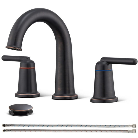 Wowkk Sanitary Ware Brass Bathroom Sink Faucet 2 Handles Widespread Bathroom Faucet 3 Hole, Pop-Up Drain and cUPC Supply Lines Included, Basin Faucets for Vanity Rv Restroom, Oil Rubbed Bronze