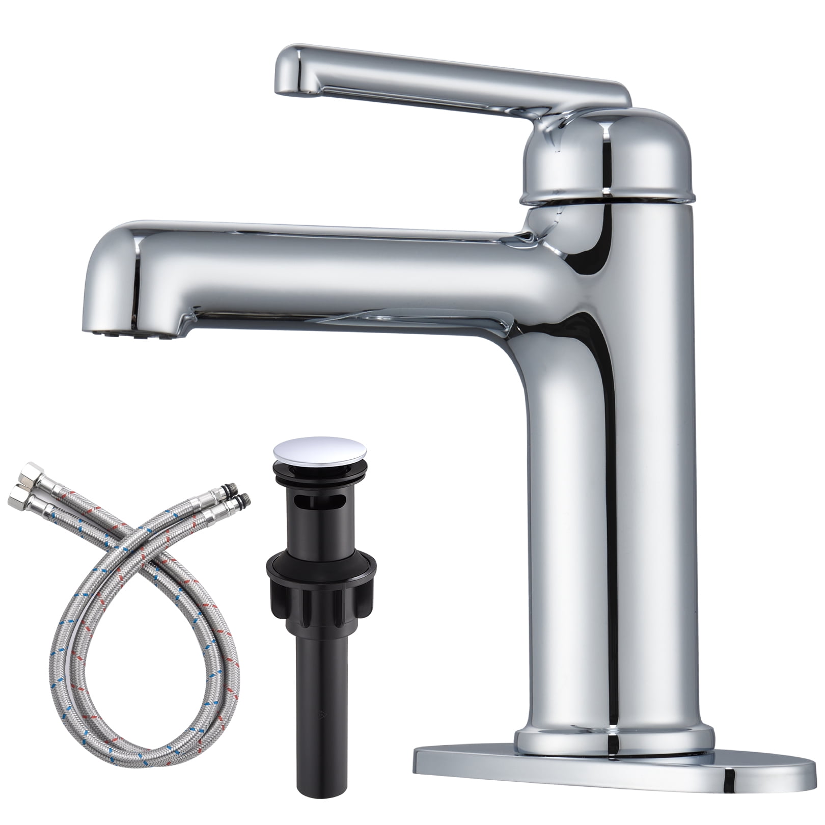 Wowkk Bathroom Sink Faucets Solid Brass Single Handle Bathroom Faucets with Deck Mount 1 Hole or 3 Hole and Supply Line, Straight Spout Vanity Faucet for RV Restroom Hotel, Polished Chrome