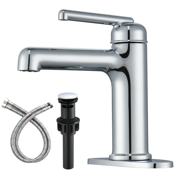 Wowkk Bathroom Sink Faucets Solid Brass Single Handle Bathroom Faucets with Deck Mount 1 Hole or 3 Hole and Supply Line, Straight Spout Vanity Faucet for RV Restroom Hotel, Polished Chrome