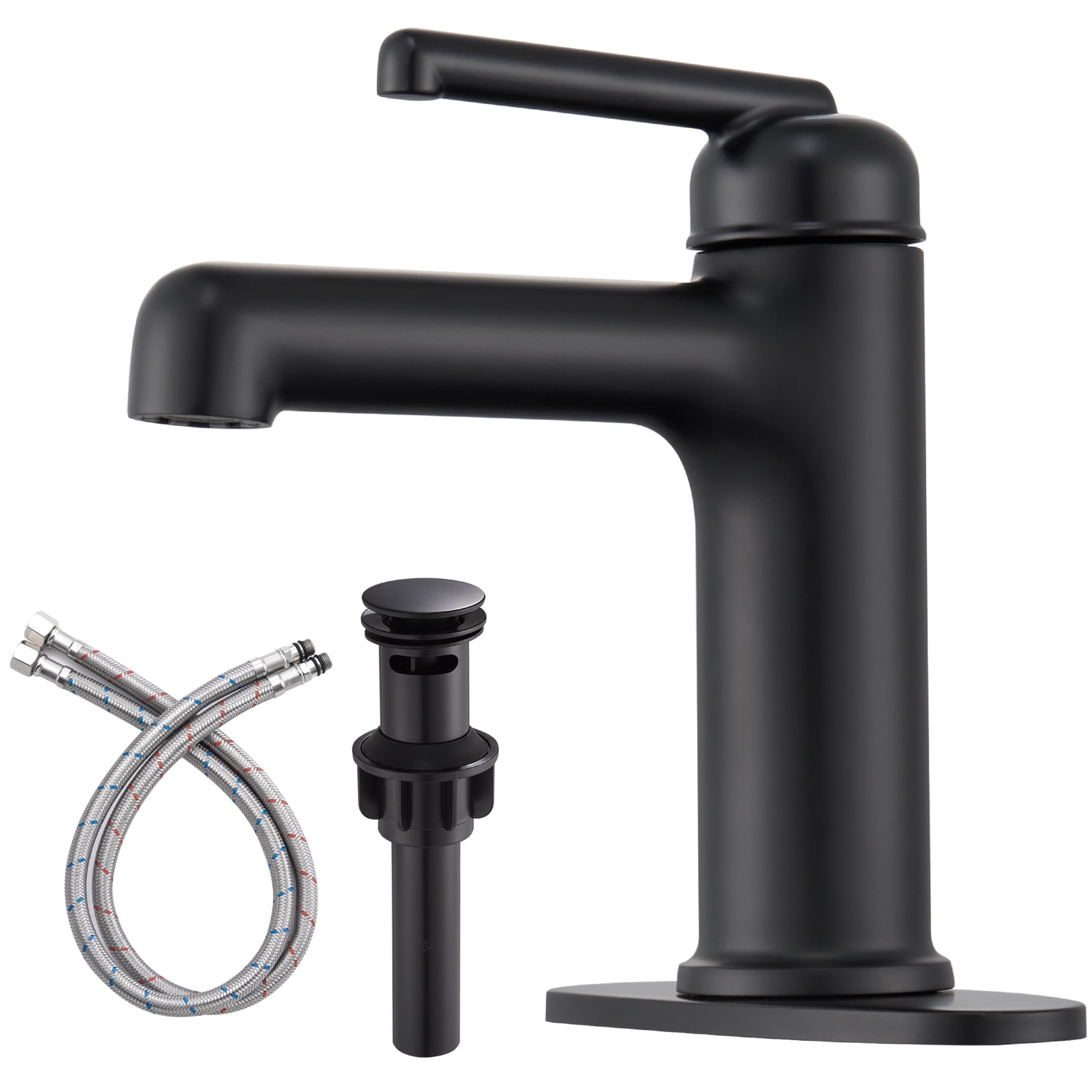 Wowkk Bathroom Sink Faucets Solid Brass Single Handle Bathroom Faucets with Deck Mount 1 Hole or 3 Hole and Supply Line, Straight Spout Vanity Faucet for RV Restroom Hotel, Matte Black