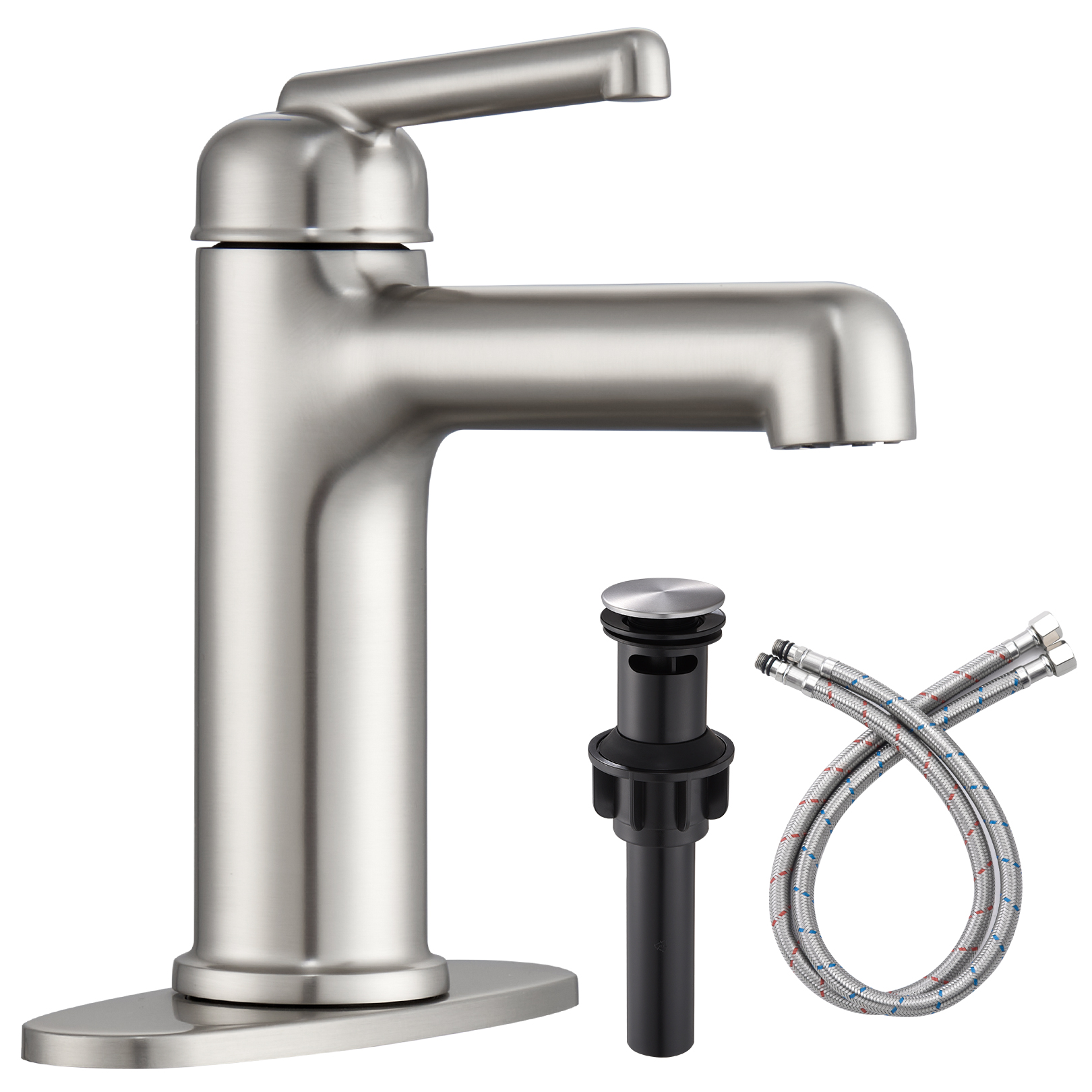 Wowkk Bathroom Sink Faucets Brass Single Handle Bathroom Faucets with Deck Plate 1 Hole or 3 Hole and Supply Hoses, Modern Straight Spout Vanity Faucet for RV Restroom Hotel, Brushed Nickel