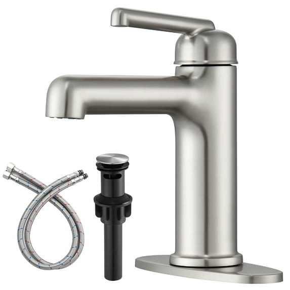 Wowkk Bathroom Sink Faucets Brass Single Handle Bathroom Faucets with Deck Plate 1 Hole or 3 Hole and Supply Hoses, Modern Straight Spout Vanity Faucet for RV Restroom Hotel, Brushed Nickel