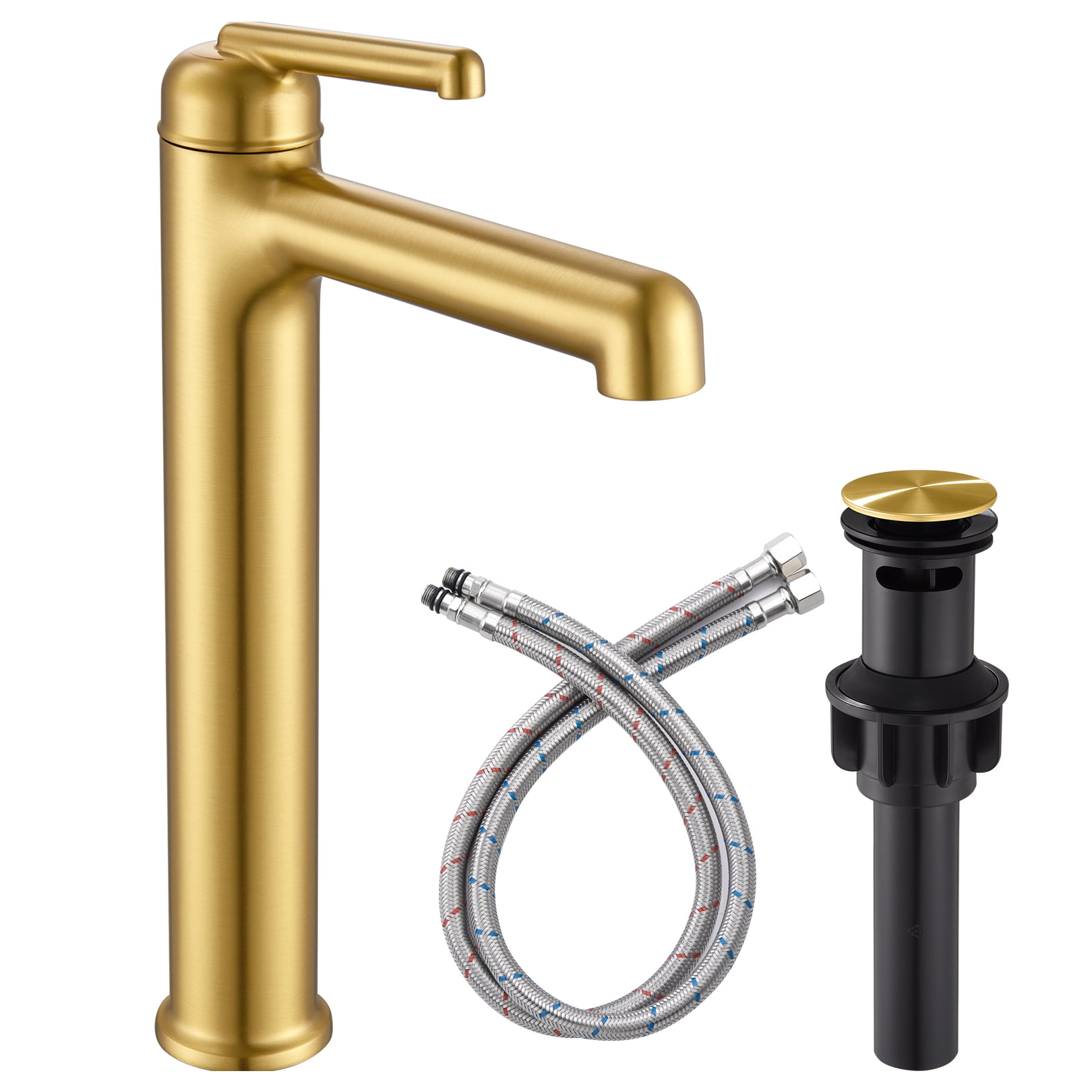 Wowkk Brushed Gold Bathroom Faucets 9.84" High Spout Tall Basin Faucet, Single Handle Bathroom Sink Faucet with Pop Up Drain and Faucet Supply Lines