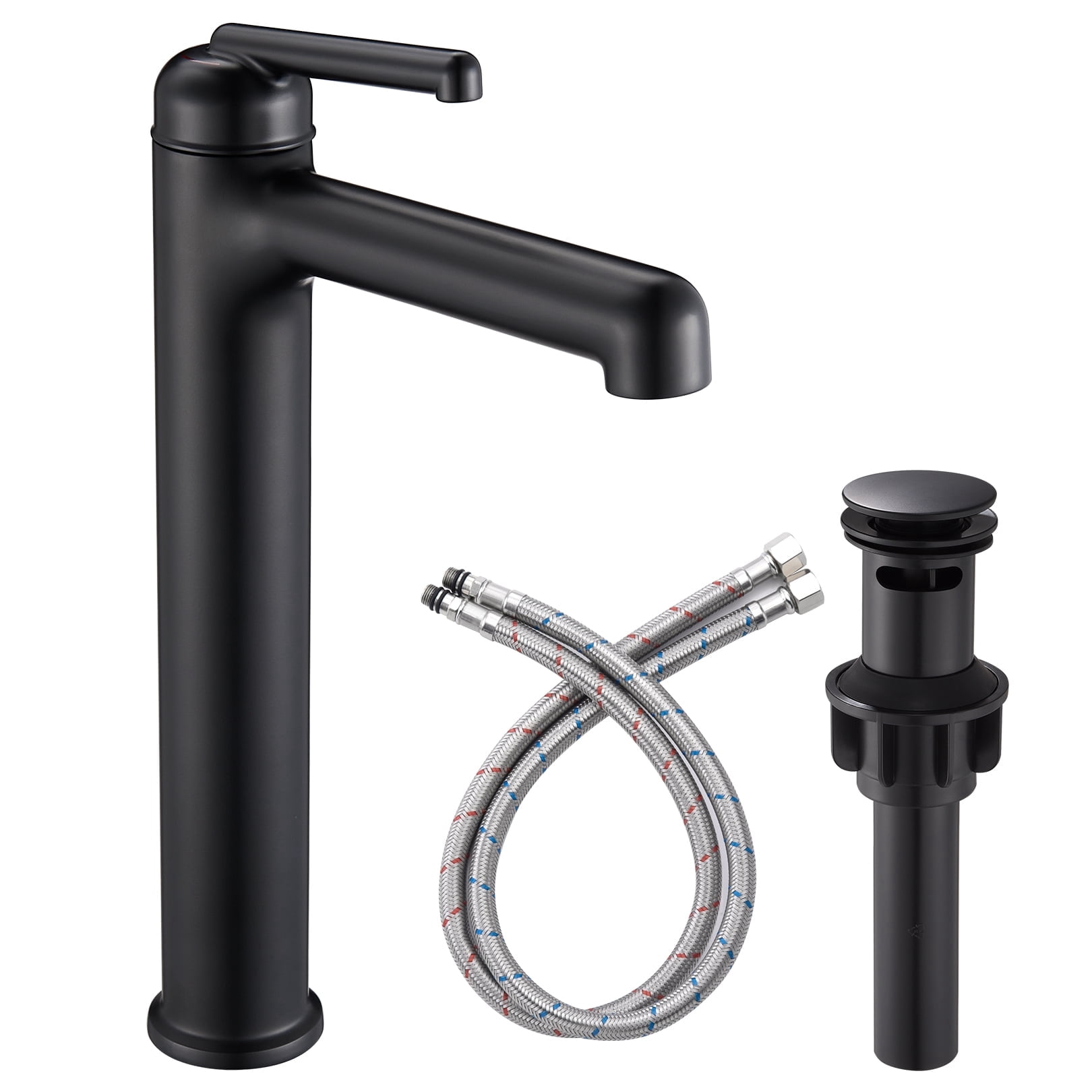 Wowkk Matte Black Bathroom Faucets 9.84" High Spout Tall Basin Faucet, Single Handle Bathroom Sink Faucet with Pop Up Drain and Faucet Supply Lines