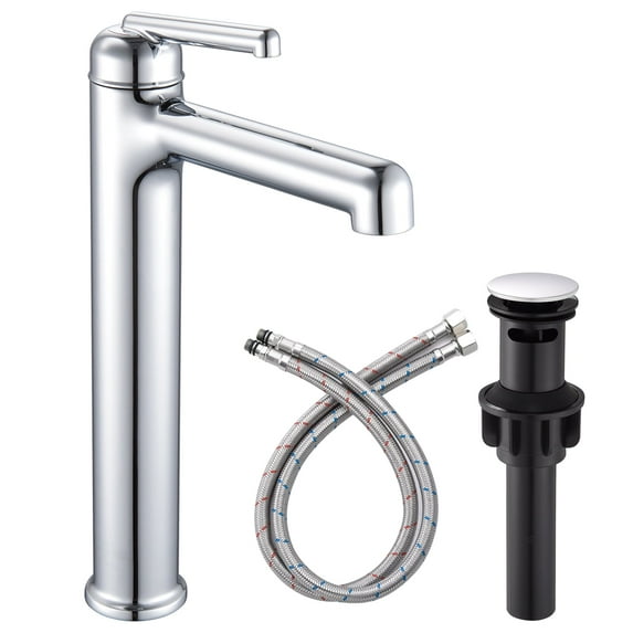 Wowkk Polished Chrome Bathroom Faucets 9.84" High Spout Tall Basin Faucet, Single Handle Bathroom Sink Faucet with Pop Up Drain and Faucet Supply Lines