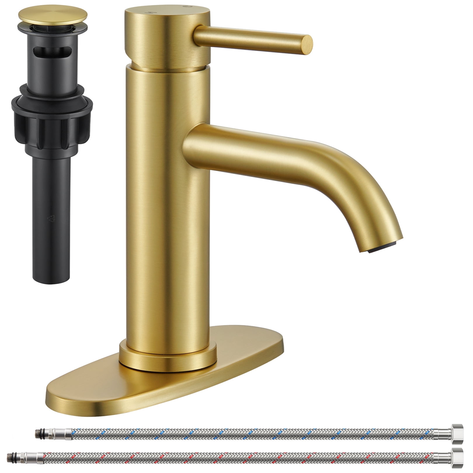 Wowkk Sanitary Ware Bathroom Faucets Stainless Steel Single Handle Bathroom Sink Faucet with Pop up Drain and PEX Encrypted Hose, Modern Bathroom Faucets for Sink 1 or 3 Holes, Brushed Gold