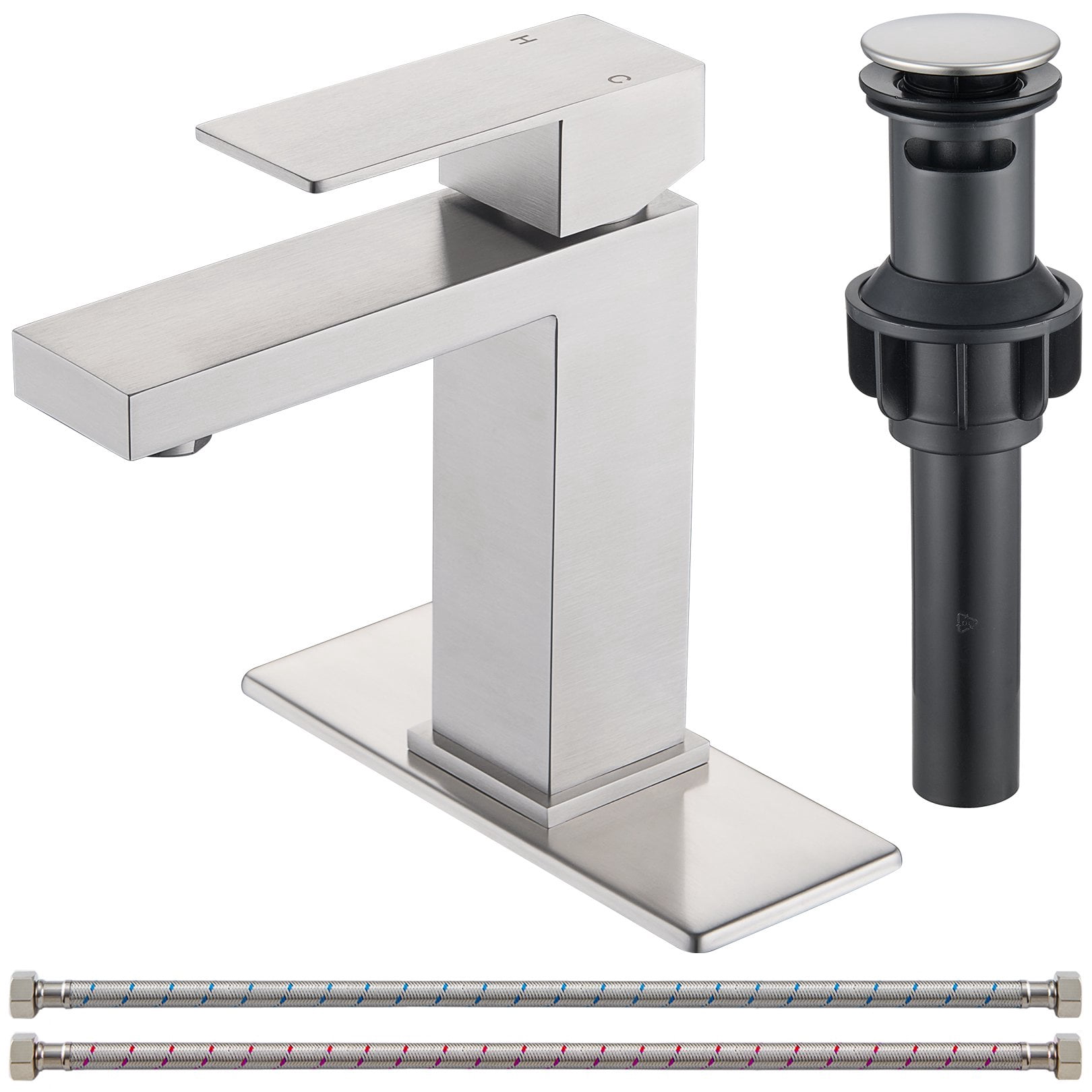 Wowkk Sanitary Ware Single Handle Bathroom Sink Faucet Modern SUS304 Stainless Steel Bathroom Faucet with Pop-up Drain and Water Supply Line, Faucets for Bathroom Vanity RV Sink, Brushed Nickel