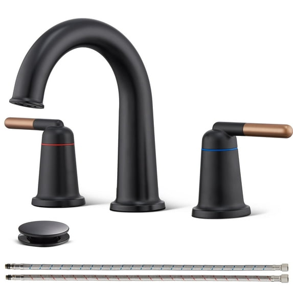 Wowkk Sanitary Ware Brass Bathroom Sink Faucet 2 Handles Widespread Bathroom Faucet 3 Hole, Pop-Up Drain and cUPC Supply Lines Included, Basin Faucets for Vanity Rv Restroom, Rose Gold Matte Black