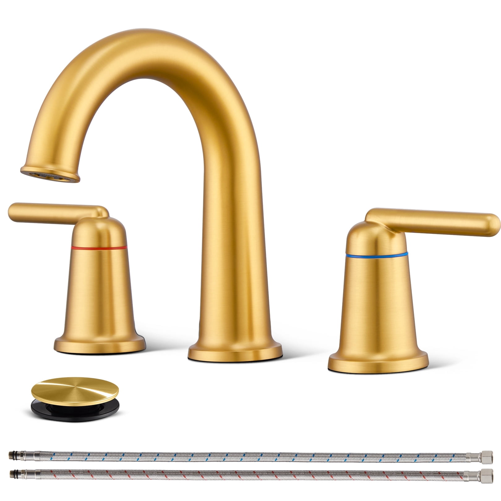 Wowkk Sanitary Ware Brass Bathroom Sink Faucet 2 Handles Widespread Bathroom Faucet 3 Hole, Pop-Up Drain and cUPC Supply Lines Included, Basin Faucets for Vanity Rv Restroom, Brushed Gold
