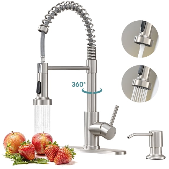 Wowkk Kitchen Sink Faucets with Pull Down Sprayer and Soap Dispenser, 304 Stainless Steel Single Handle Kitchen Faucet, 2 Water Modes with Deck Plate for Laundry Utility Camper, Brushed Nickel