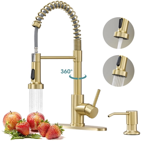 Wowkk Kitchen Sink Faucets with Pull Down Sprayer and Soap Dispenser, 304 Stainless Steel Single Handle Kitchen Faucet, 2 Water Modes with Deck Plate for Laundry Utility Camper, Brushed Gold