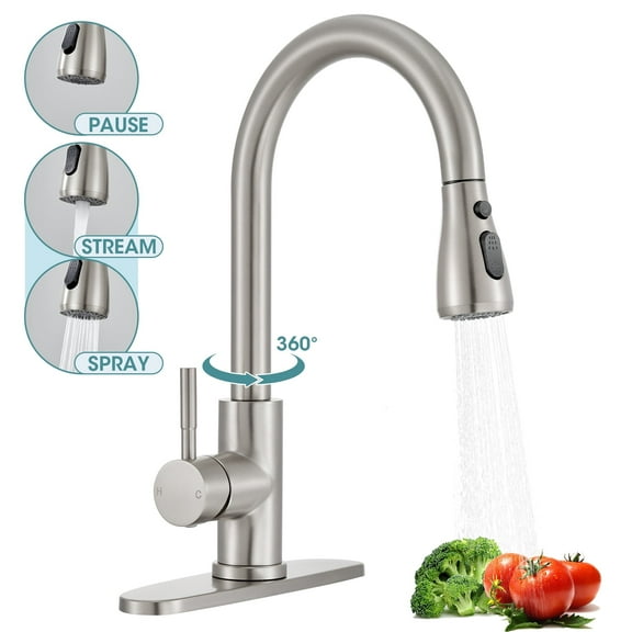 Wowkk Sanitary Ware Kitchen Sink Faucet with Pull Down Sprayer, Single Handle SUS304 Stainless Steel Kitchen Faucets with Deck Plate, Brushed Nickel