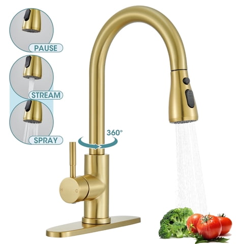 Wowkk Sanitary Ware Kitchen Sink Faucet with Pull Down Sprayer, Single Handle SUS304 Stainless Steel Kitchen Faucets with Deck Plate to Cover 1 or 3 Holes for Bar, Laundry, Brushed Gold