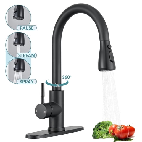 Wowkk Sanitary Ware Kitchen Sink Faucet with Pull Down Sprayer, Single Handle SUS304 Stainless Steel Kitchen Faucets with Deck Plate to Cover 1 or 3 Holes for Bar, Laundry, Matte Black
