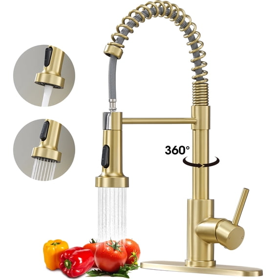 Wowkk Sanitary Ware 304 Stainless Steel Kitchen Faucet with Pull Out Sprayer, 2 Water Modes Single Handle Kitchen Sink Faucets with Deck Plate for Laundry Bar Patio Sink, Brushed Gold