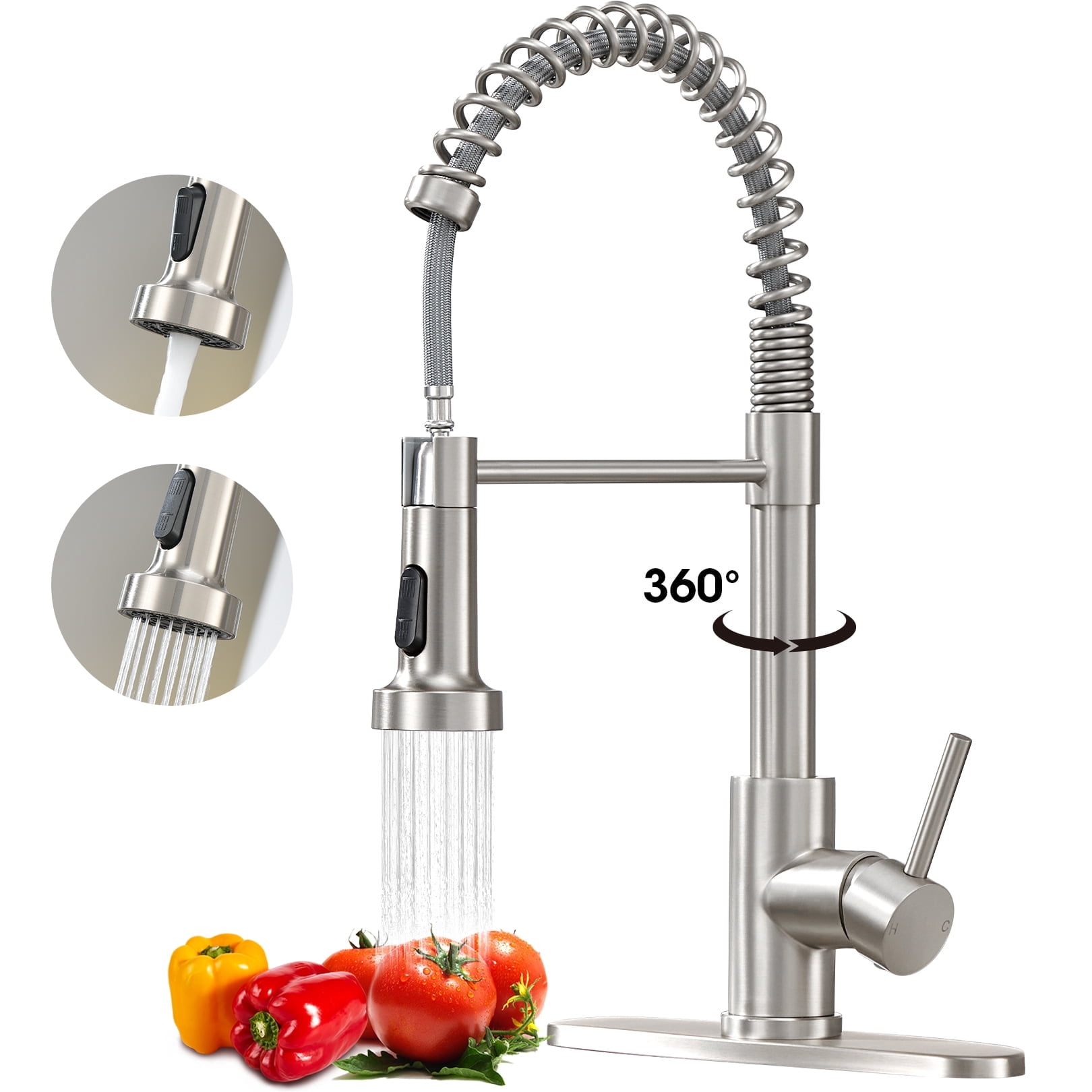 Wowkk Sanitary Ware 304 Stainless Steel Kitchen Faucet with Pull Out Sprayer, 2 Water Modes Single Handle Kitchen Sink Faucets with Deck Plate for Laundry Bar Patio Sink, Brushed Nickel