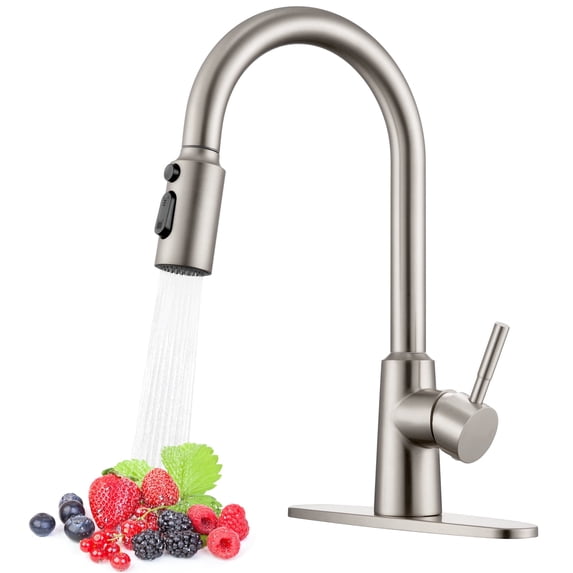 Wowkk Sanitary Ware 304 Stainless Steel Kitchen Faucet with Pull Down Sprayer, 3 Water Modes, 23.6" Retractable Hose, Single Handle Kitchen Sink Faucet with Deck Plate, Brushed Nickel