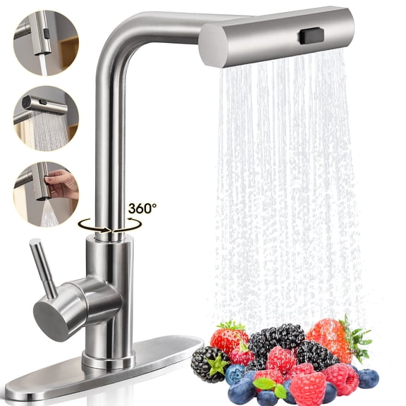 Wowkk Sanitary Ware Waterfall Kitchen Faucet with Pull Down Sprayer, 304 Stainless Steel Kitchen Sink Faucet with Deck Plate & Supply Lines, 3 Modes Sprayer Faucets for Kitchen Farmhouse Bar Sink