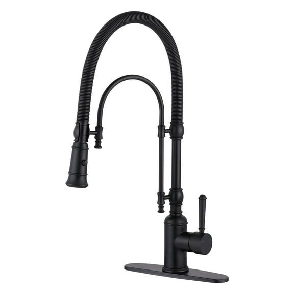 Wowow 2-Functions Single Handle Deck Mount Gooseneck Pull Down Sprayer Kitchen Faucet with Spring Tube in Solid Brass Black