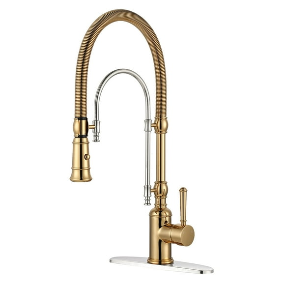 Wowow 2-Functions Single Handle Deck Mount Gooseneck Pull Down Sprayer Kitchen Faucet with Spring Tube in Solid Brass Chrome and Gold