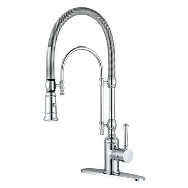 Wowow 2-Functions Single Handle Deck Mount Gooseneck Pull Down Sprayer Kitchen Faucet with Spring Tube in Solid Brass Chrome
