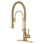 Wowow 2-Functions Single Handle Deck Mount Gooseneck Pull Down Sprayer Kitchen Faucet with Spring Tube in Solid Brass Gold