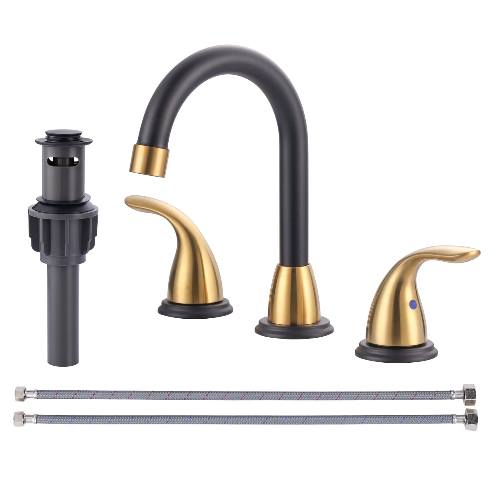 Wowow 2-Handle 6" and 8" Widespread Black and Gold Lavatory Faucet with Supply Hoses & Drain Assembly
