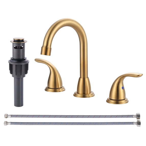 Wowow 2-Handle 6" and 8" Widespread Gold Lavatory Faucet with Supply Hoses & Drain Assembly