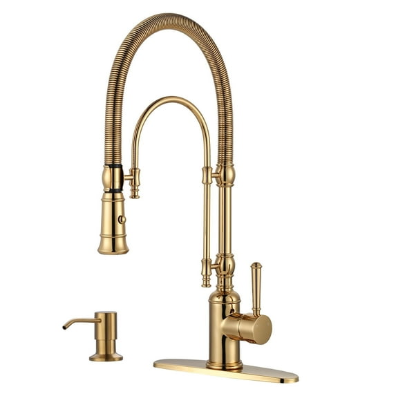 Wowow 20.7 in.Single Handle Convenient Pull Down Sprayer Kitchen Faucet in Brushed Gold with Soap Dispenser