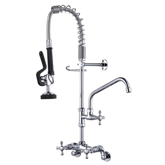 Wowow 26 in. H Solid Brass Triple Handle Pull Down Sprayer Kitchen Faucet Wall Mount with Pre-Rinse Sprayer in Chrome