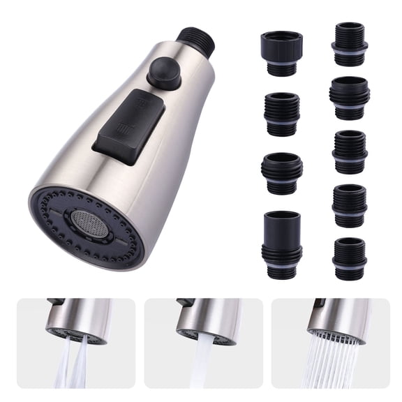 Wowow Kitchen Faucet Spray Head Replacement, 3-Function Pull Down Sprayer with 9 Adapter Kit, Brushed Nickel