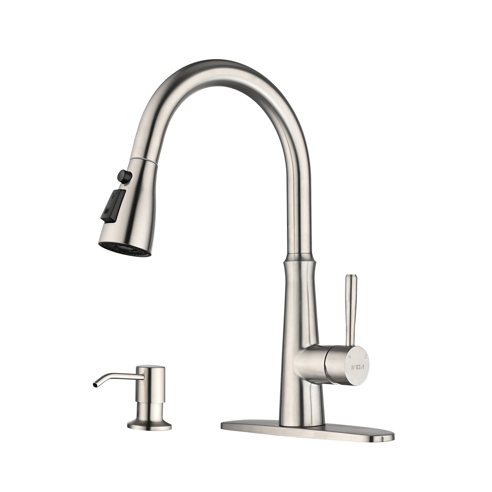 Brushed Nickel Stainless Steel Pull Down Kitchen Faucet with Soap Dispenser