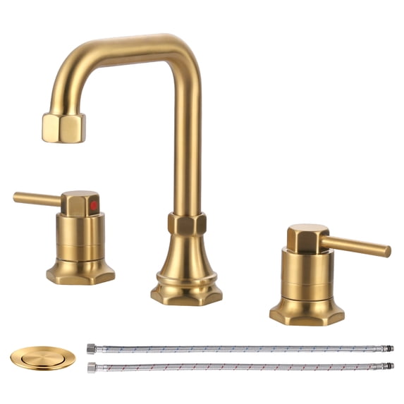 Wowow 3 Hole 8 in. Widespread Double Handle Bathroom Faucet with Pop up Drain and Hose in Gold (1-Pack)