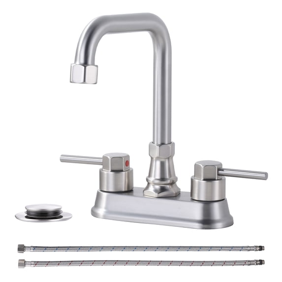 Wowow 4 in. Centerset Double Handle High Arc Bathroom Faucet with Drain Kit Included in Brushed Nickel