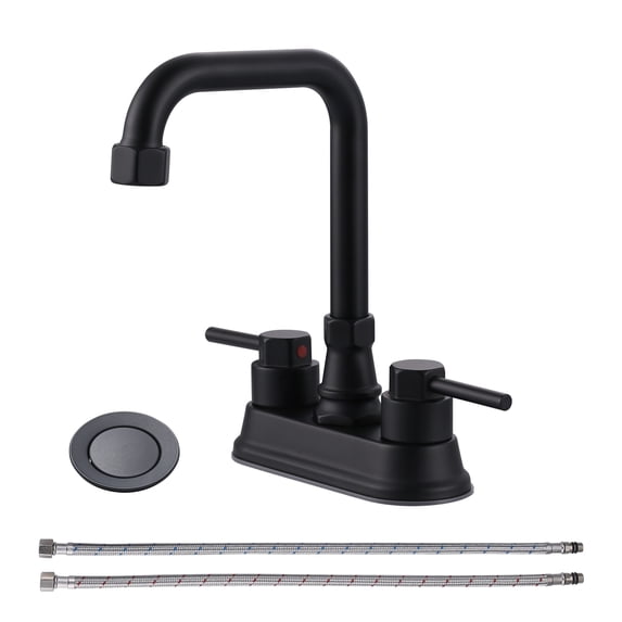 Wowow 4 in. Centerset Double Handle High Arc Bathroom Faucet with Drain Kit Included in Matte Black