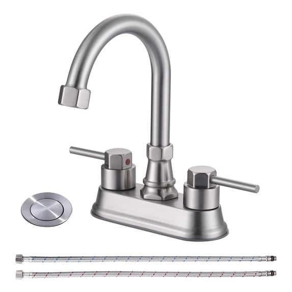 Wowow 4 in. Centerset Double Handle High Arc Bathroom Sink Faucet with Pop Up Drain in Brushed Nickel