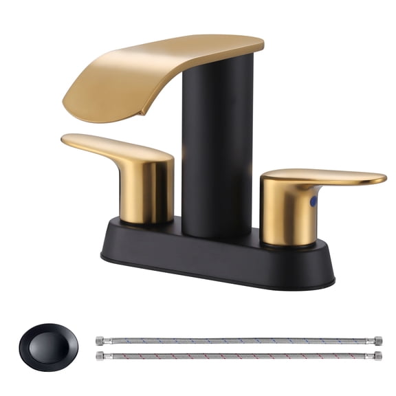 Wowow 4 in. Centerset Double Handle Mid Arc Bathroom Waterfall Faucet with Drain Kit Included in Black and Gold